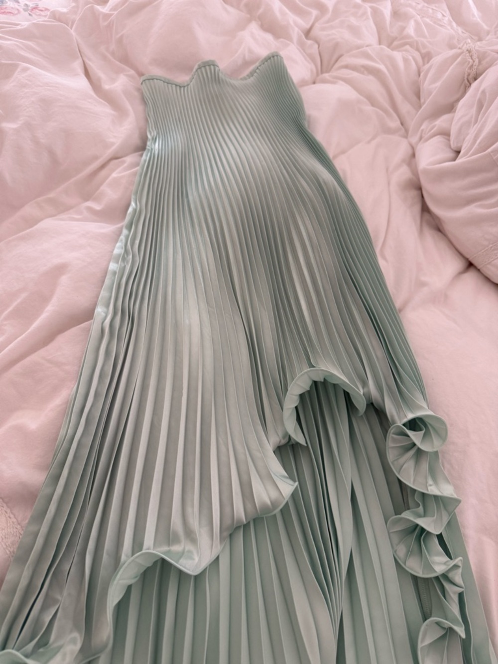 Strapless Pleated High-Low Dress in Mint Green - Picture 2 of 3